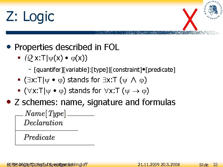 Z: Logic • Properties described in FOL § (Q x: T| (x) • (x))