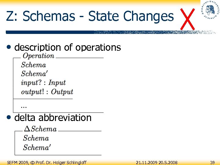 Z: Schemas - State Changes • description of operations • delta abbreviation SEFM 2009,