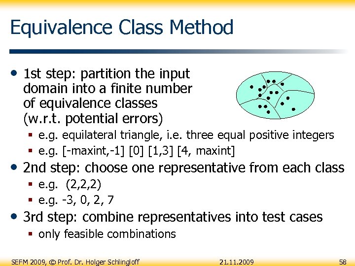 Equivalence Class Method • 1 st step: partition the input domain into a finite
