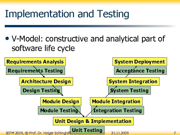 Implementation and Testing • V-Model: constructive and analytical part of software life cycle Requirements