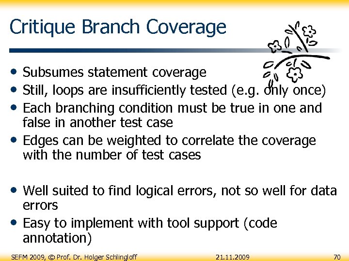 Critique Branch Coverage • Subsumes statement coverage • Still, loops are insufficiently tested (e.