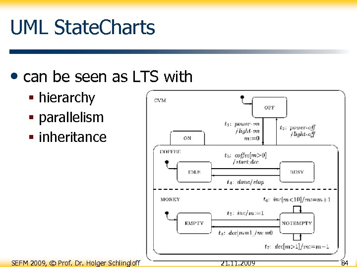 UML State. Charts • can be seen as LTS with § hierarchy § parallelism