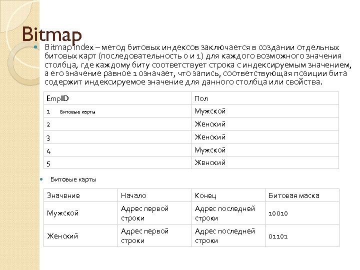 Bitmap index – метод битовых индексов заключается в создании отдельных битовых карт (последовательность 0