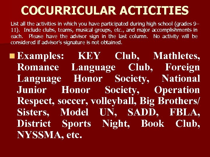 COCURRICULAR ACTICITIES List all the activities in which you have participated during high school