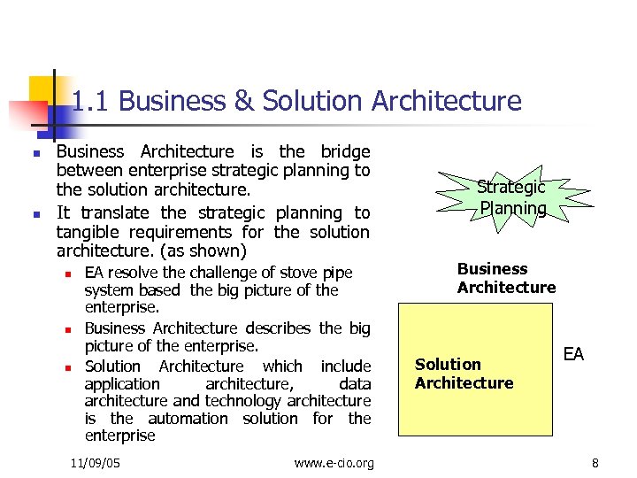 1. 1 Business & Solution Architecture n n Business Architecture is the bridge between