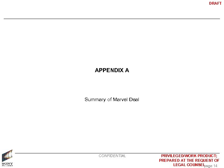 DRAFT APPENDIX A Summary of Marvel Deal CONFIDENTIAL PRIVILEGED/WORK PRODUCT; PREPARED AT THE REQUEST