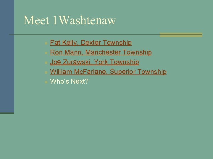 Meet 1 Washtenaw n n n Pat Kelly, Dexter Township Ron Mann, Manchester Township