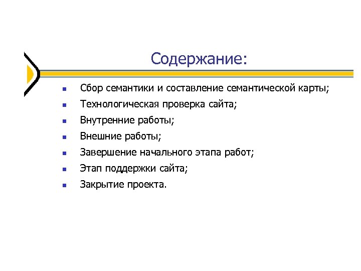 Содержание: Сбор семантики и составление семантической карты; Технологическая проверка сайта; Внутренние работы; Внешние работы;
