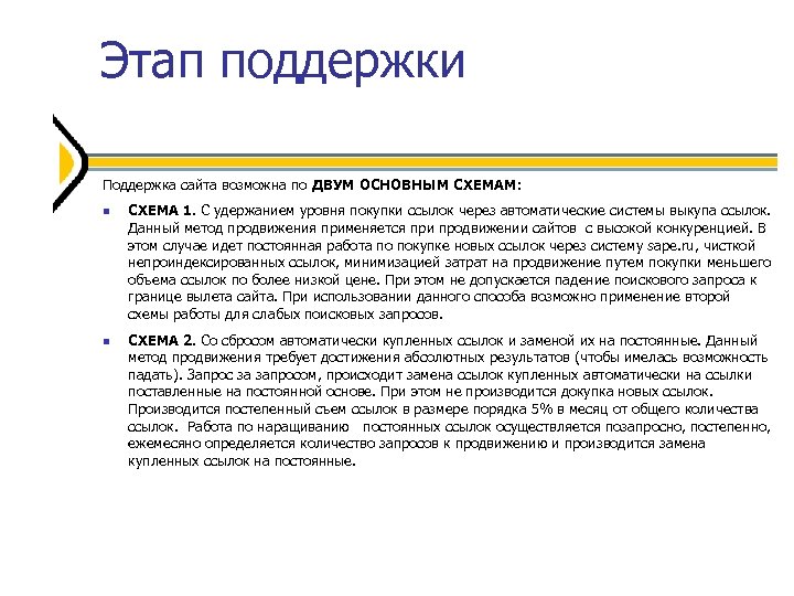 Этап поддержки Поддержка сайта возможна по ДВУМ ОСНОВНЫМ СХЕМАМ: СХЕМА 1. С удержанием уровня