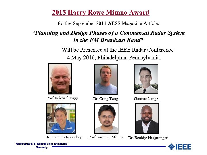 2015 Harry Rowe Mimno Award for the September 2014 AESS Magazine Article: “Planning and