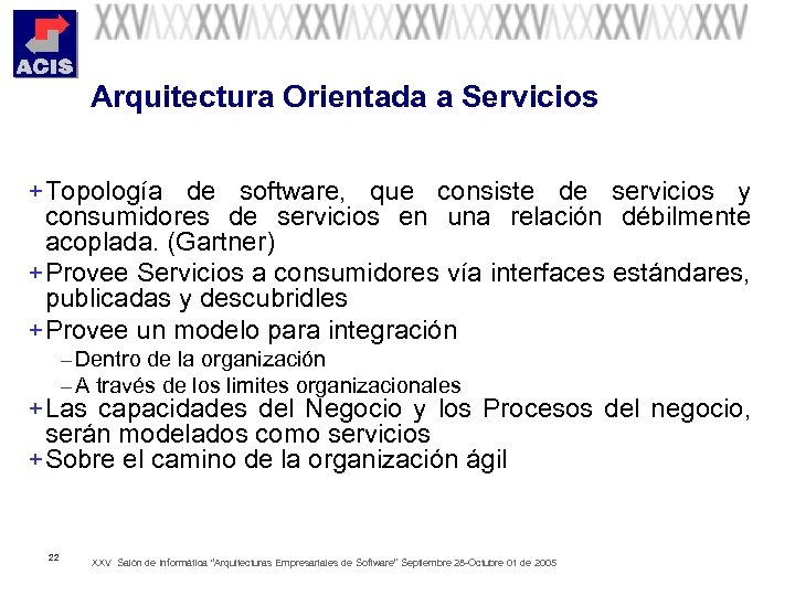 Arquitectura Orientada a Servicios + Topología de software, que consiste de servicios y consumidores