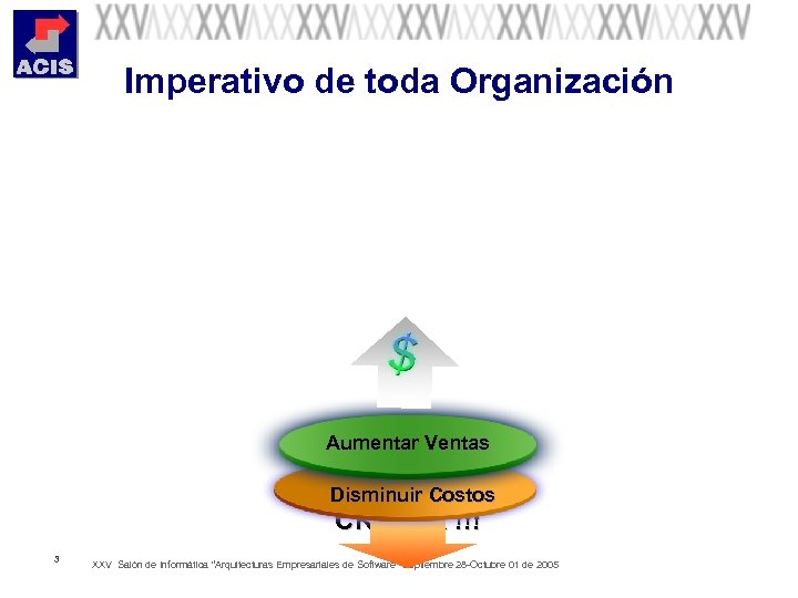 Imperativo de toda Organización Aumentar Ventas Disminuir Costos CRECER !!! 3 XXV Salón de