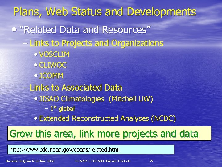 Plans, Web Status and Developments • “Related Data and Resources” – Links to Projects