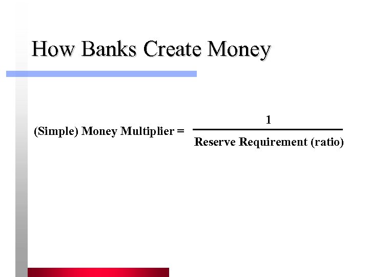 How Banks Create Money (Simple) Money Multiplier = 1 Reserve Requirement (ratio) 