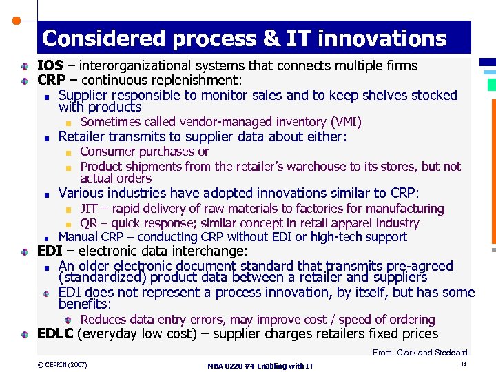 Considered process & IT innovations IOS – interorganizational systems that connects multiple firms CRP