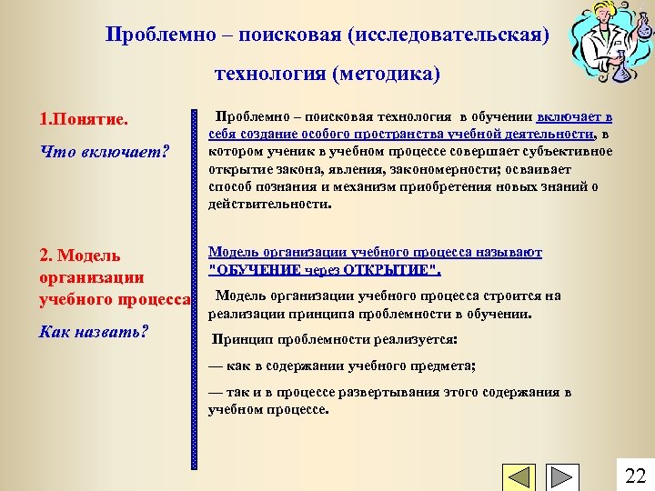 Проблемно – поисковая (исследовательская) технология (методика) 1. Понятие. Что включает? 2. Модель организации учебного