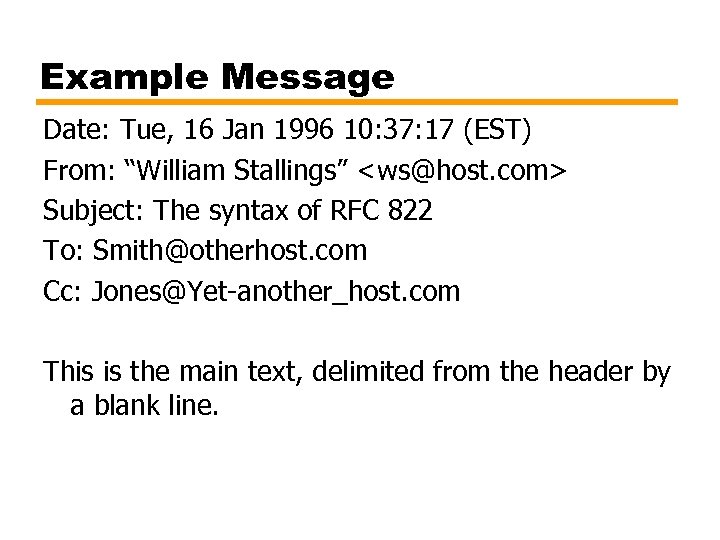 Example Message Date: Tue, 16 Jan 1996 10: 37: 17 (EST) From: “William Stallings”