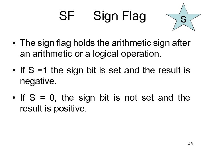 SF Sign Flag S • The sign flag holds the arithmetic sign after an