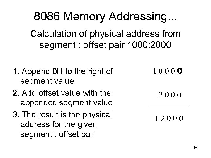 8086 Memory Addressing. . . Calculation of physical address from segment : offset pair