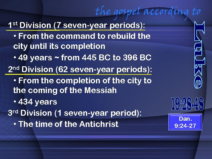 the gospel according to 1 st Division (7 seven-year periods): • From the command