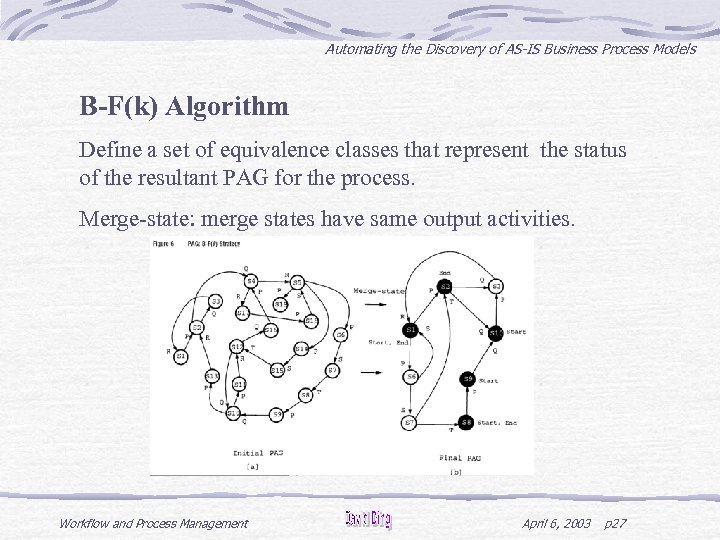 Automating the Discovery of AS-IS Business Process Models B-F(k) Algorithm Define a set of