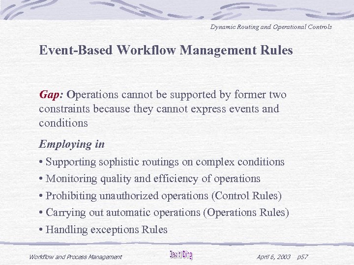 Dynamic Routing and Operational Controls Event-Based Workflow Management Rules Gap: Operations cannot be supported