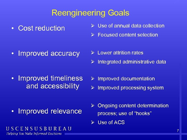 Reengineering Goals • Cost reduction Ø Use of annual data collection • Improved accuracy