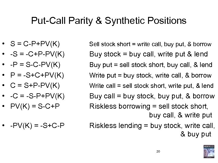 Put-Call Parity & Synthetic Positions • • S = C-P+PV(K) -S = -C+P-PV(K) -P