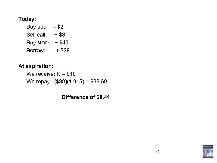 Today: Buy put: - $2 Sell call: + $3 Buy stock: + $40 Borrow: