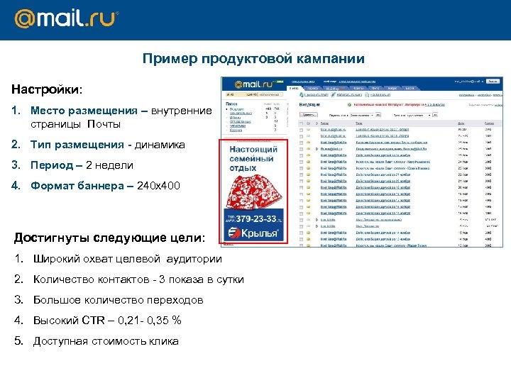 Пример продуктовой кампании Настройки: 1. Место размещения – внутренние страницы Почты 2. Тип размещения