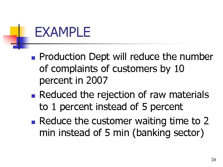  EXAMPLE n n n Production Dept will reduce the number of complaints of