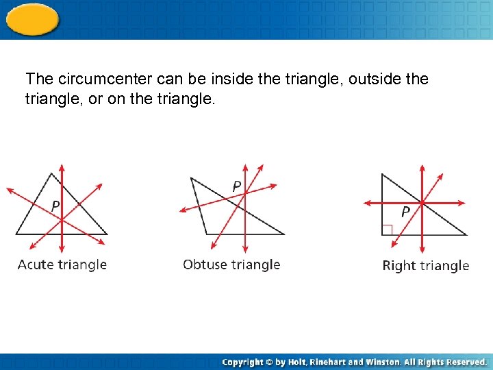 The circumcenter can be inside the triangle, outside the triangle, or on the triangle.