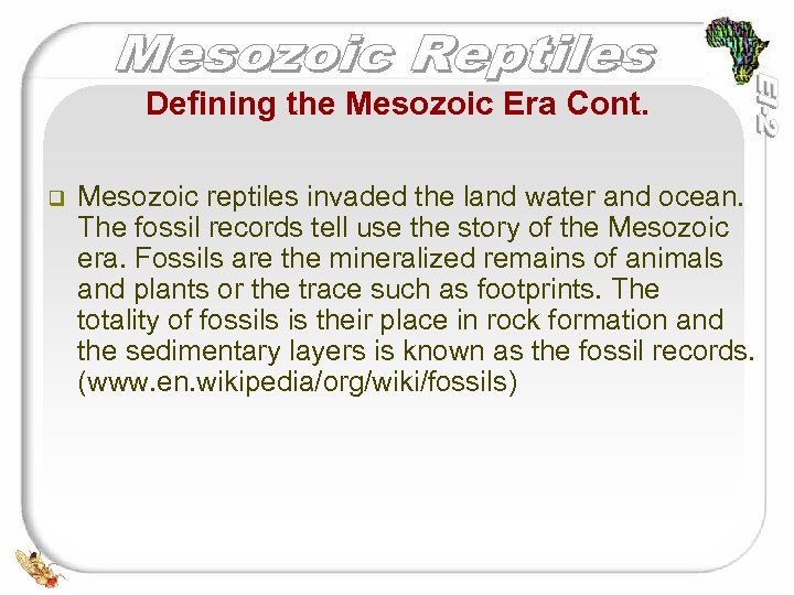 Defining the Mesozoic Era Cont. q Mesozoic reptiles invaded the land water and ocean.