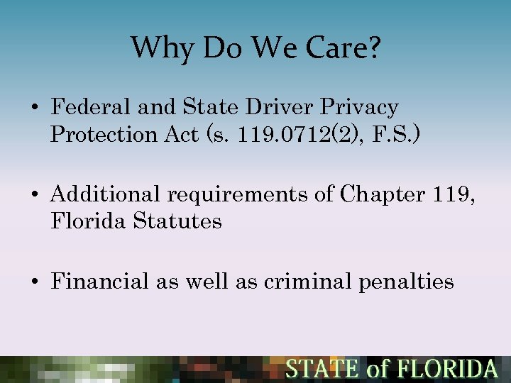 Why Do We Care? • Federal and State Driver Privacy Protection Act (s. 119.