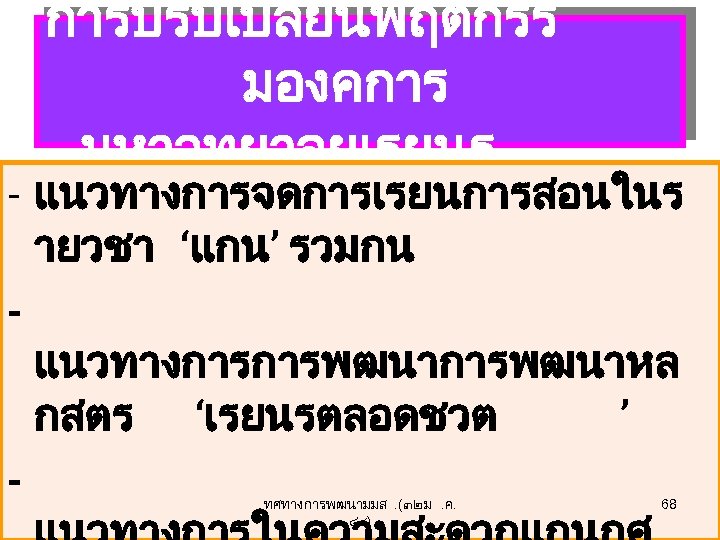 การปรบเปลยนพฤตกรร มองคการ มหาวทยาลยเรยนร - แนวทางการจดการเรยนการสอนในร ายวชา ‘แกน’ รวมกน แนวทางการการพฒนาหล กสตร ‘เรยนรตลอดชวต ’ ทศทางการพฒนามมส. (๓๒