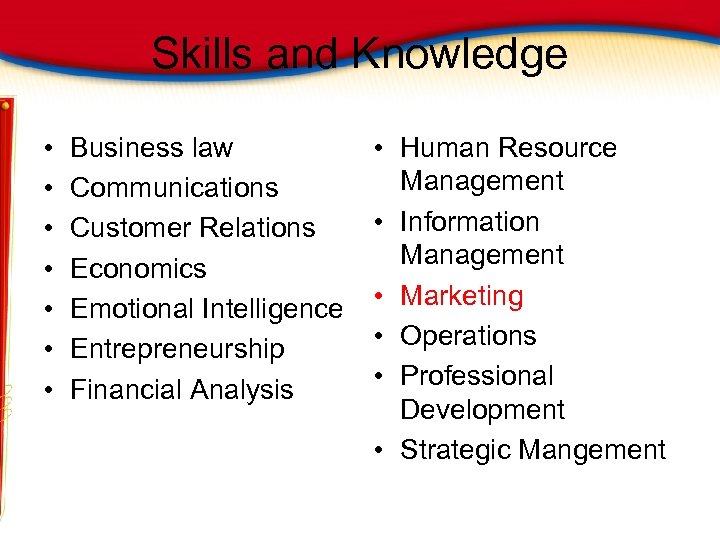 Skills and Knowledge • • Business law Communications Customer Relations Economics Emotional Intelligence Entrepreneurship