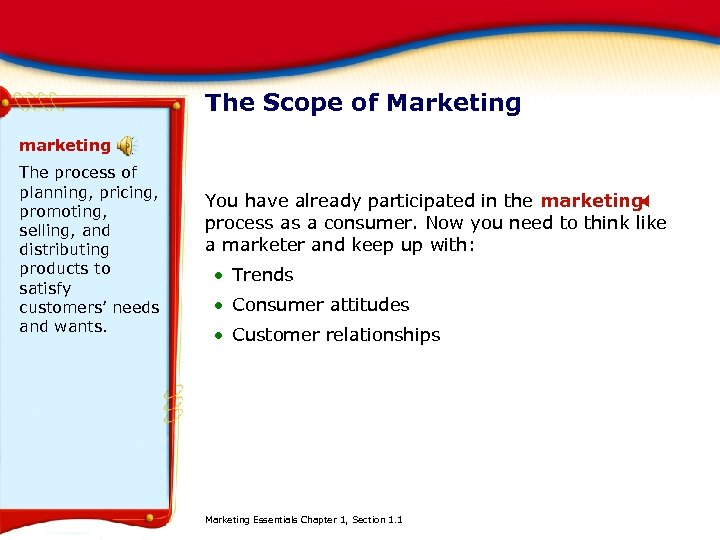 The Scope of Marketing marketing The process of planning, pricing, promoting, selling, and distributing