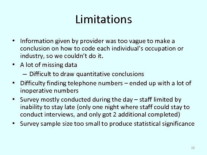 Limitations • Information given by provider was too vague to make a conclusion on