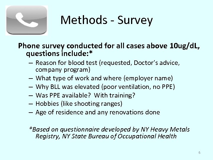 Methods - Survey Phone survey conducted for all cases above 10 ug/d. L, questions