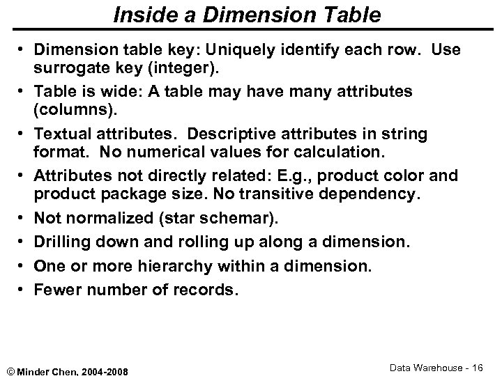 Inside a Dimension Table • Dimension table key: Uniquely identify each row. Use surrogate