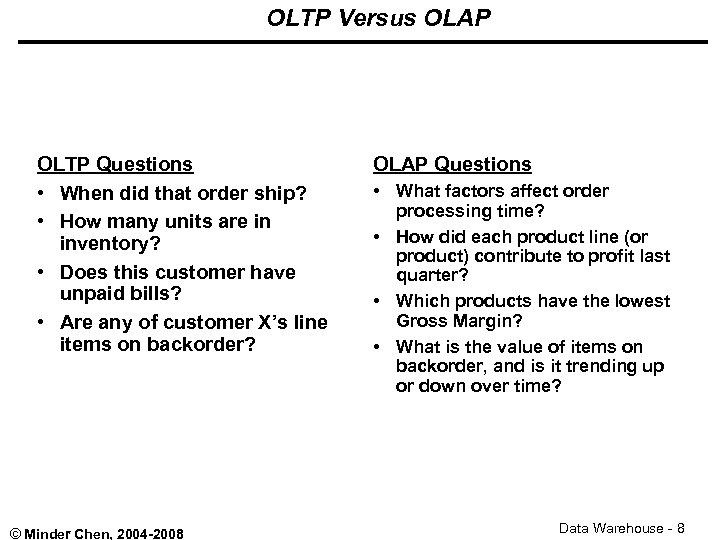 OLTP Versus OLAP OLTP Questions • When did that order ship? • How many