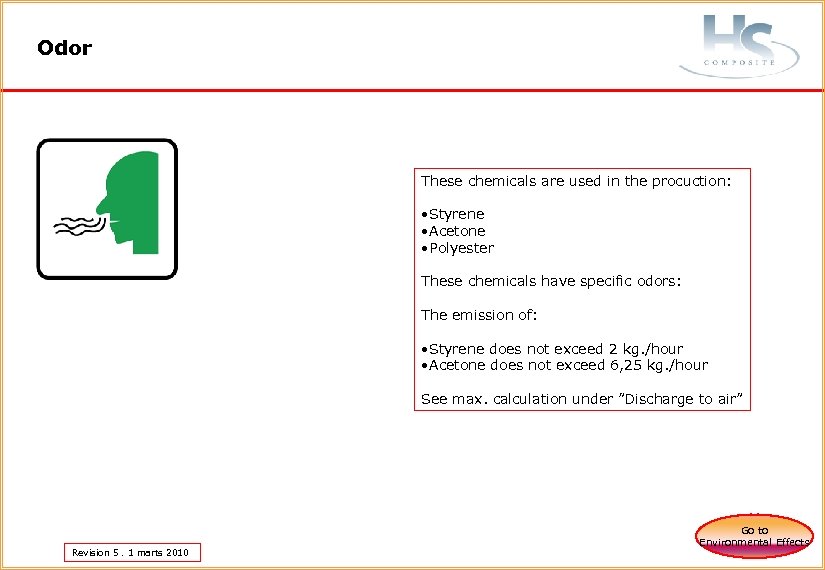 Odor These chemicals are used in the procuction: • Styrene • Acetone • Polyester