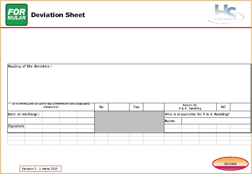 Deviation Sheet Go back Revision 5. 1 marts 2010 