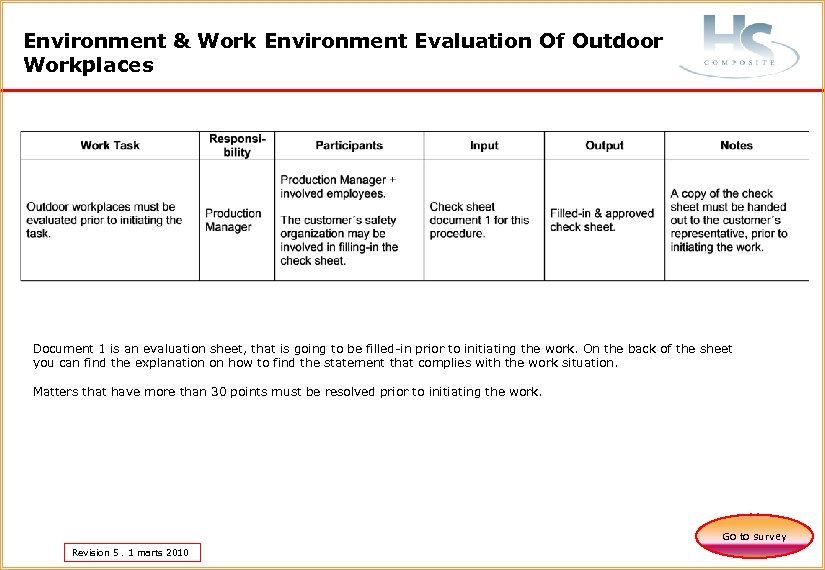 Environment & Work Environment Evaluation Of Outdoor Workplaces Document 1 is an evaluation sheet,