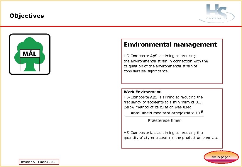 Objectives Environmental management HS-Composite Ap. S is aiming at reducing the environmental strain in