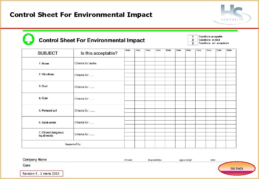 Control Sheet For Environmental Impact Go back Revision 5. 1 marts 2010 