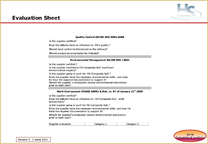 Evaluation Sheet Revision 5. 1 marts 2010 Go to Evaluation of suppliers 