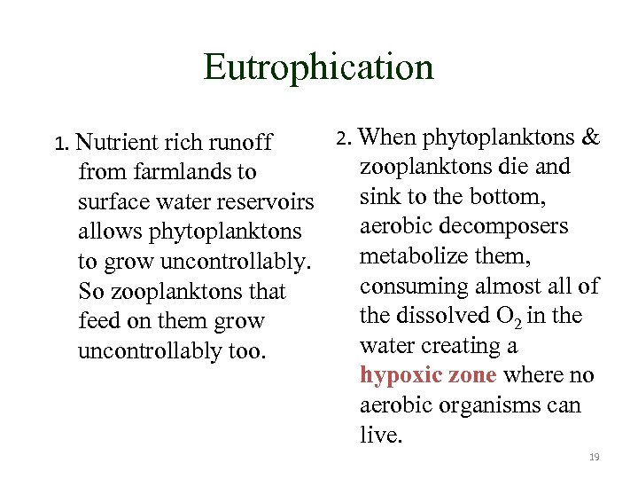 Eutrophication 1. Nutrient rich runoff from farmlands to surface water reservoirs allows phytoplanktons to