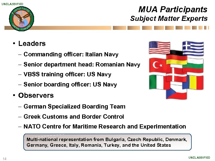 UNCLASSIFIED MUA Participants Subject Matter Experts • Leaders – Commanding officer: Italian Navy –