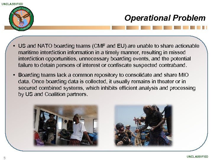 UNCLASSIFIED Operational Problem • US and NATO boarding teams (CMF and EU) are unable